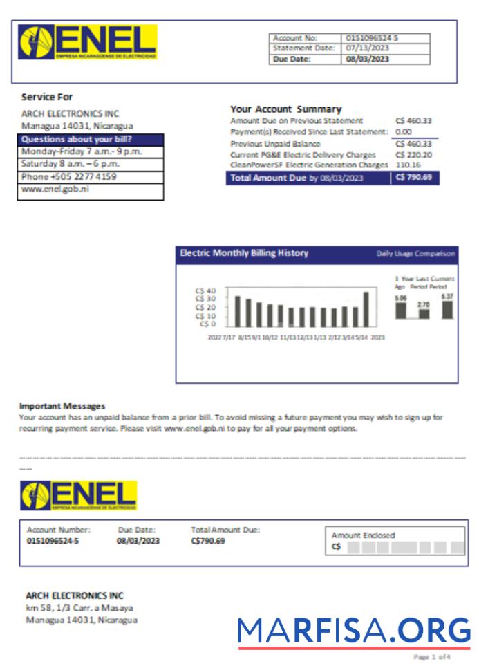 Downloadable Nicaraguan Electricity Company (ENEL) electricity utility business bill, SCR real example